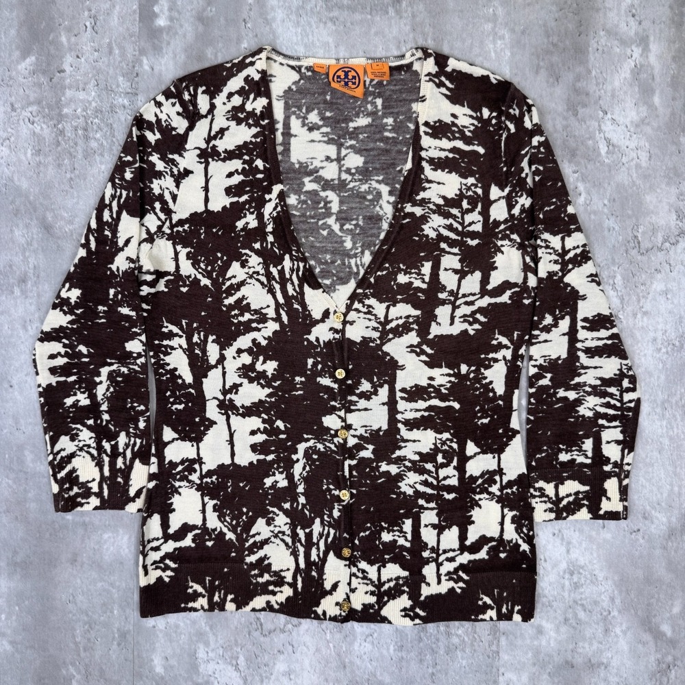 Tory Burch Merino Wool Cardigan Sweater Womens M Abstract Print Button Front
